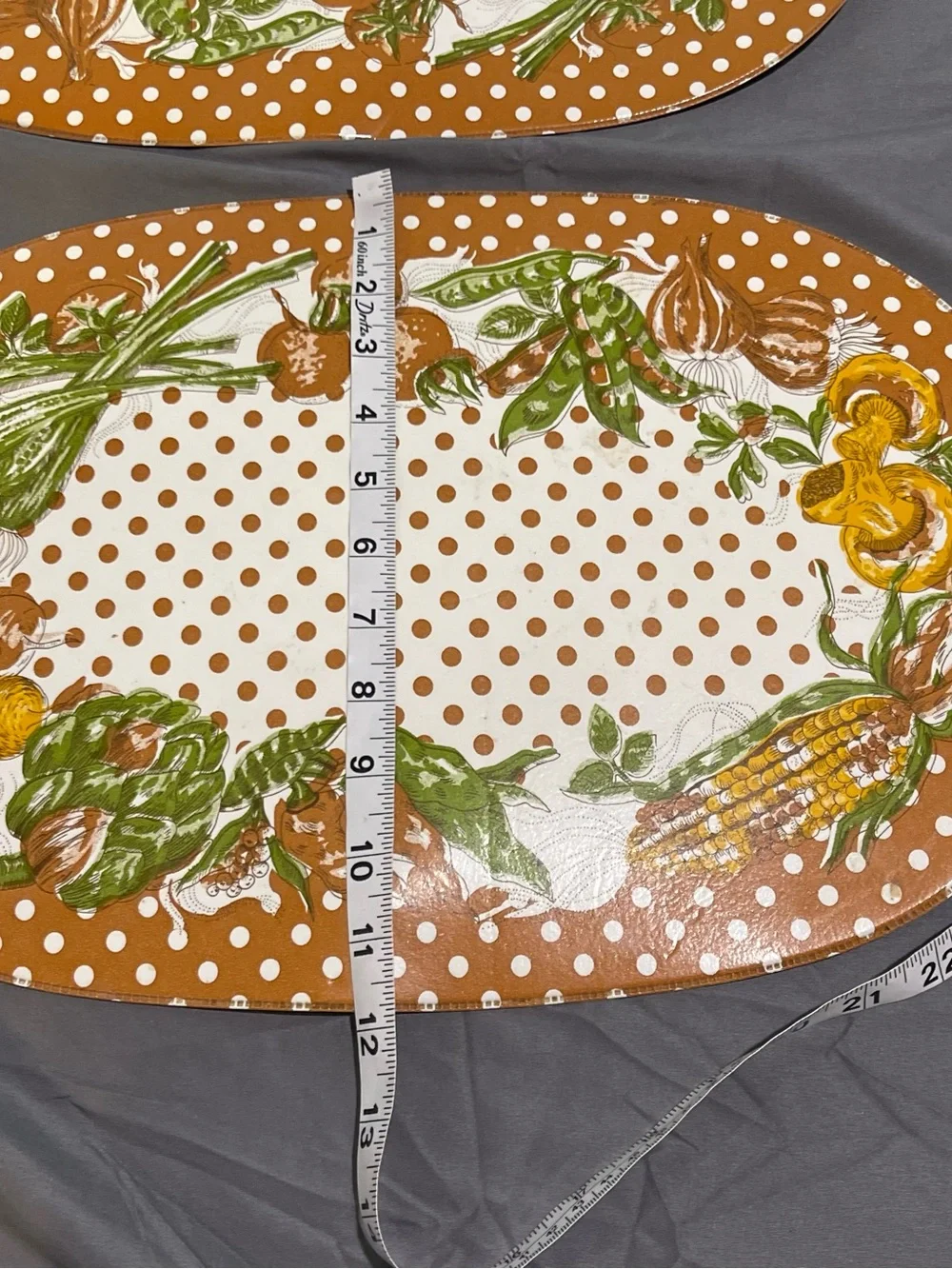1970s Style Oval Plastic Placemats Brown Polka Dot Vegetable Corn Pattern